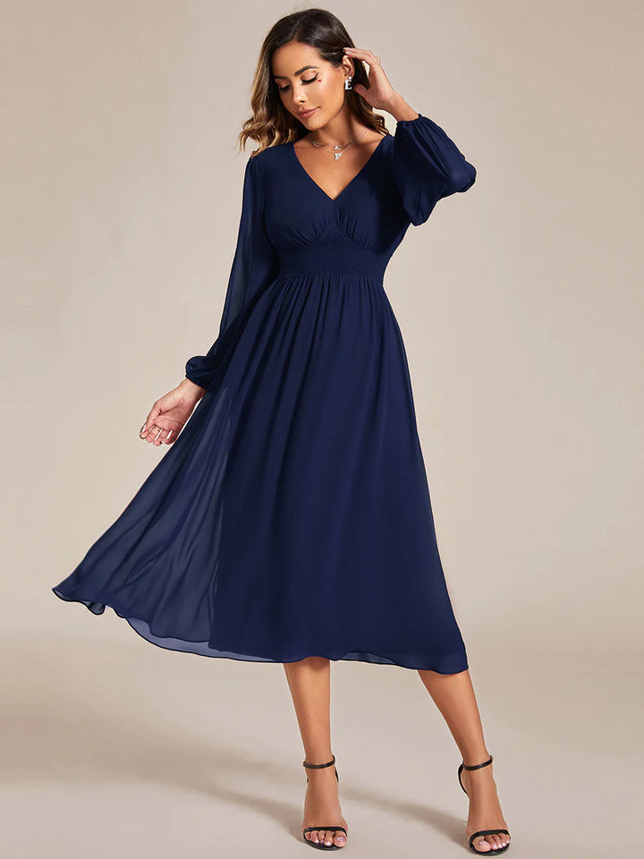 Knee Length Long Sleeves Chiffon Bridesmaid Dress - CALABRO®