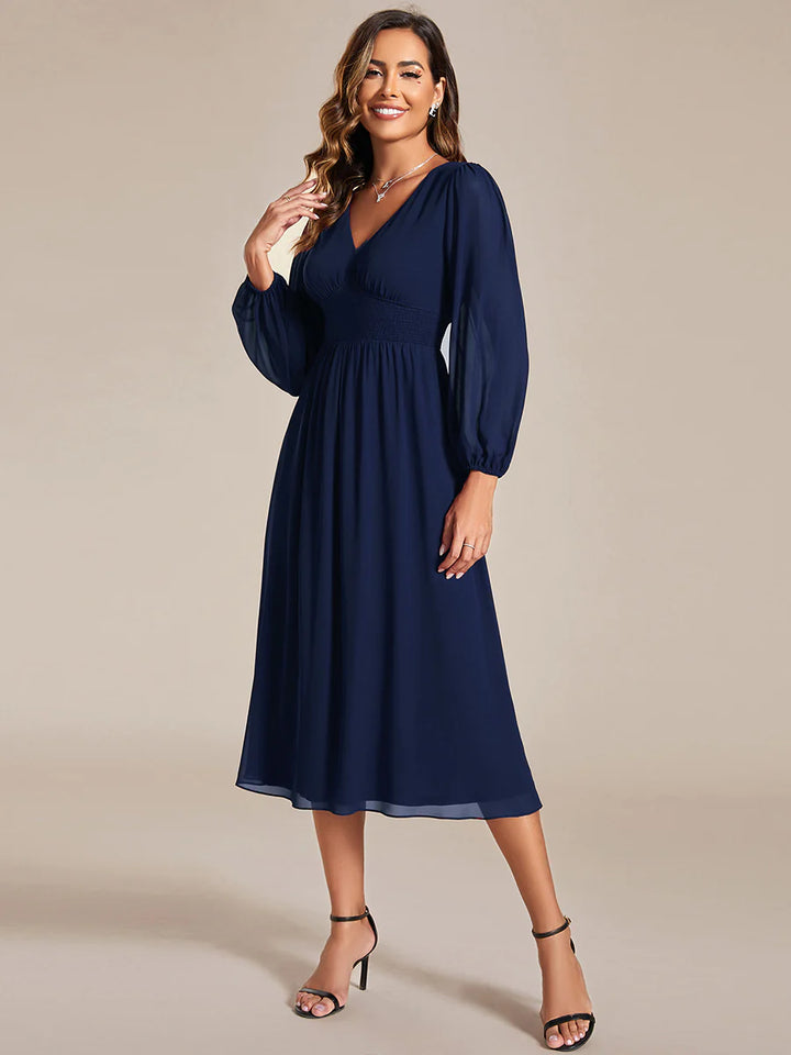 Knee Length Long Sleeves Chiffon Bridesmaid Dress - CALABRO®