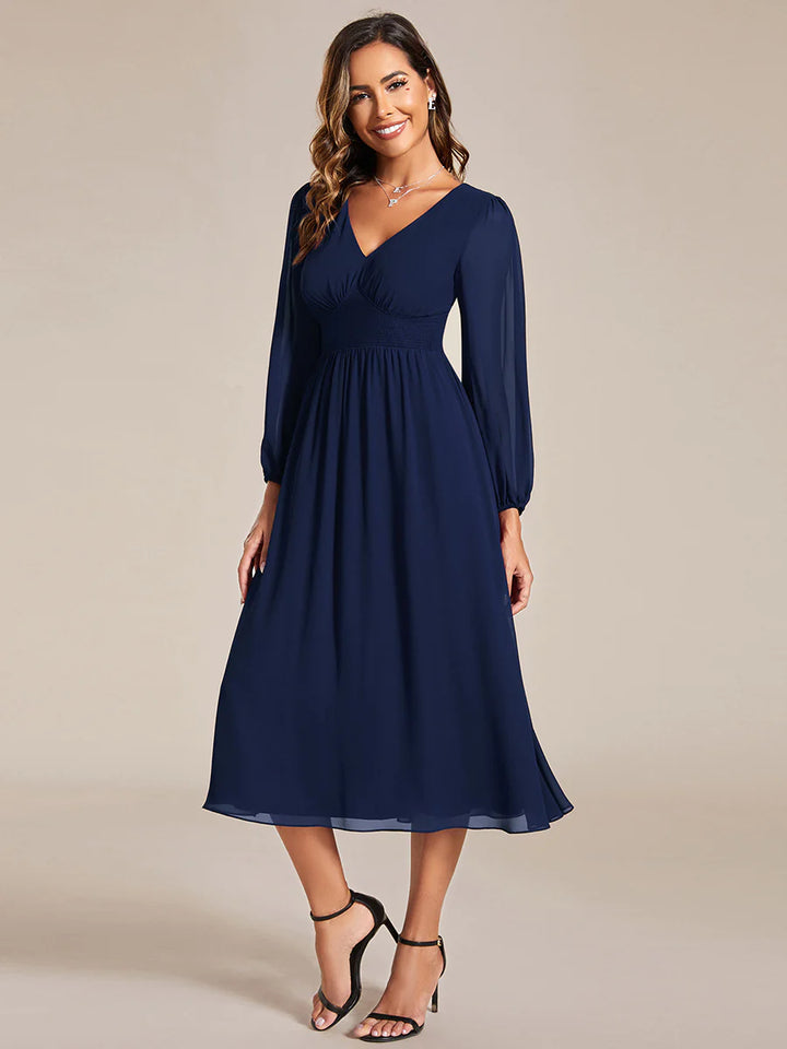 Knee Length Long Sleeves Chiffon Bridesmaid Dress - CALABRO®