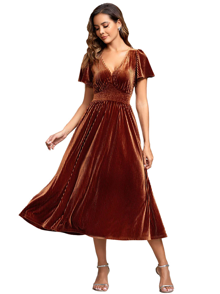 V-Neck Tea Length Velvet Wedding Guest Bridesmaid Dress - CALABRO®