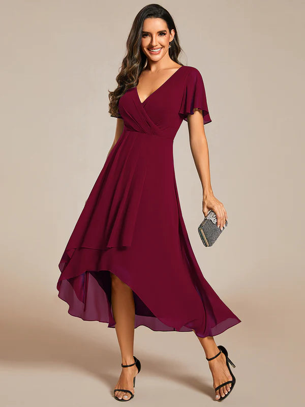 V-Neck Midi Chiffon Bridesmaid Dress with Ruffles Sleeve - CALABRO®