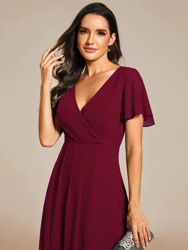 V-Neck Midi Chiffon Bridesmaid Dress with Ruffles Sleeve - CALABRO®