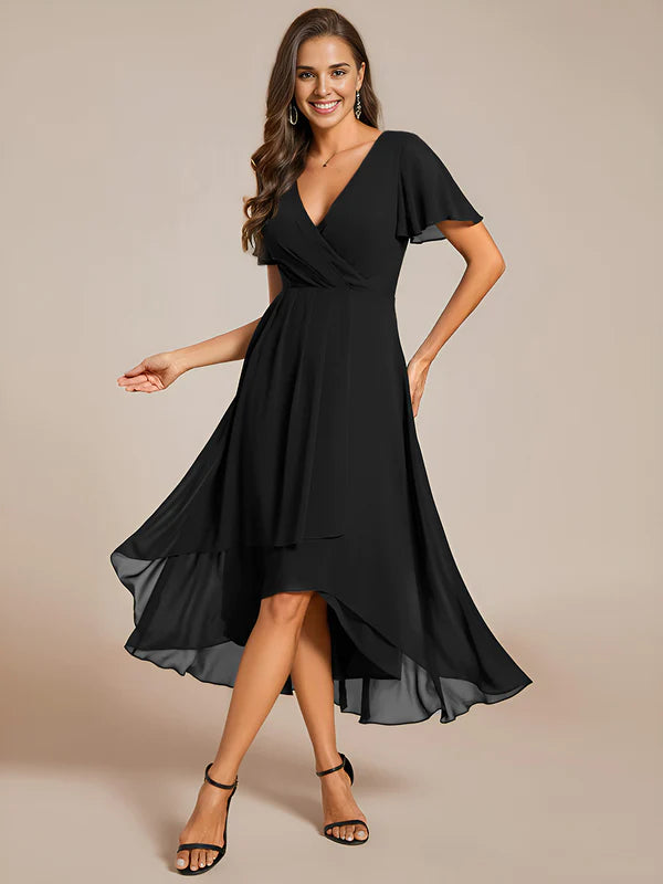 V-Neck Midi Chiffon Bridesmaid Dress with Ruffles Sleeve - CALABRO®