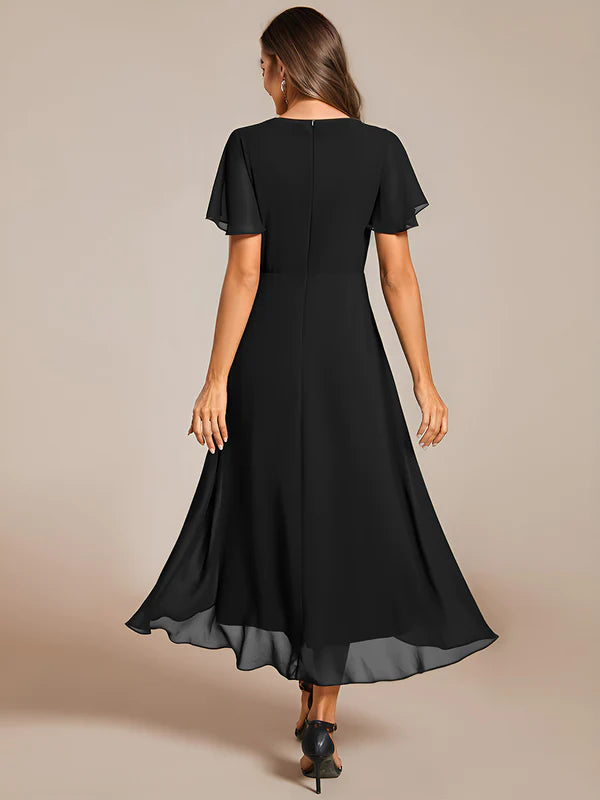 V-Neck Midi Chiffon Bridesmaid Dress with Ruffles Sleeve - CALABRO®