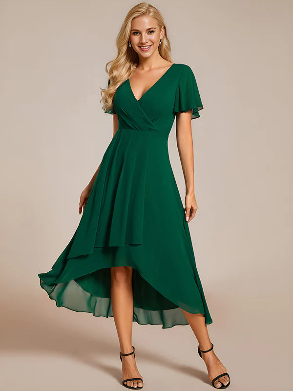 V-Neck Midi Chiffon Bridesmaid Dress with Ruffles Sleeve - CALABRO®