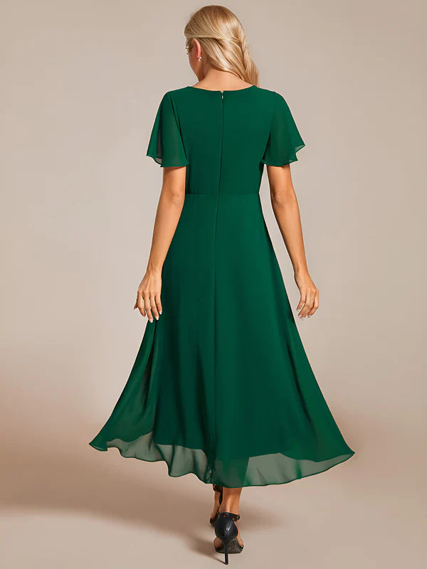 V-Neck Midi Chiffon Bridesmaid Dress with Ruffles Sleeve - CALABRO®