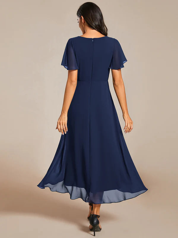 V-Neck Midi Chiffon Bridesmaid Dress with Ruffles Sleeve - CALABRO®