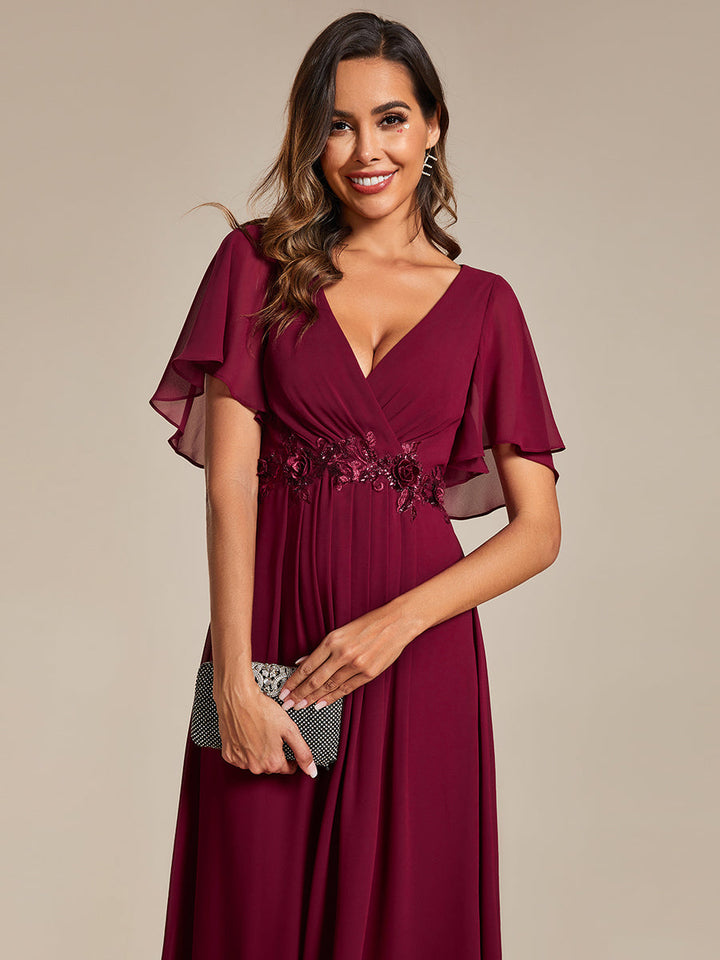 Applique V Neck Tea Length Wedding Guest Dress With Short Sleeves - CALABRO®