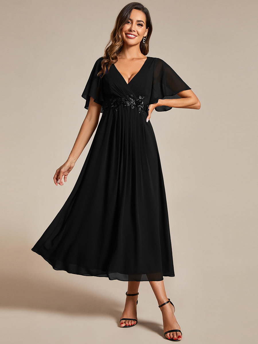 Applique V Neck Tea Length Wedding Guest Dress With Short Sleeves - CALABRO®