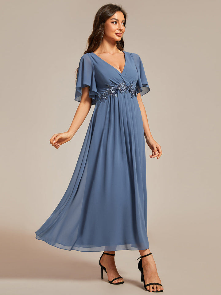 Applique V Neck Tea Length Wedding Guest Dress With Short Sleeves - CALABRO®