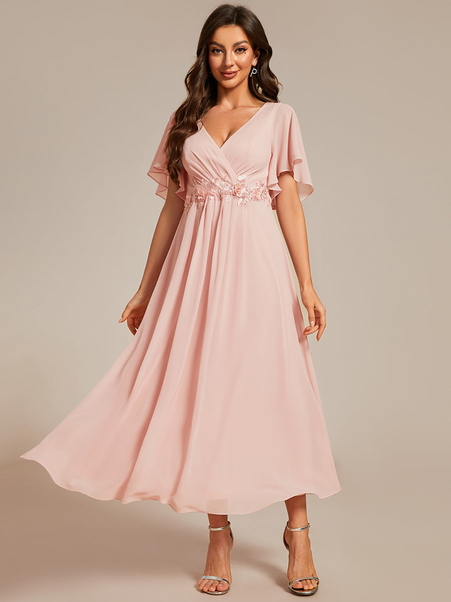 Applique V Neck Tea Length Wedding Guest Dress With Short Sleeves - CALABRO®