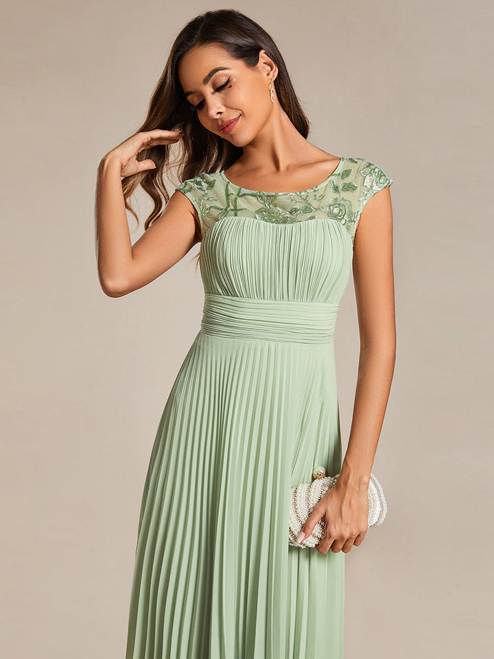 Embroidery Round Neck Tea Length Wedding Guest Dress With Raglan Sleeves - CALABRO®