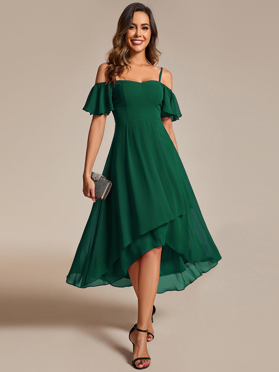 Chiffon Spaghetti Strap Cold Shoulder Tea Length Wedding Guest Dress - CALABRO®