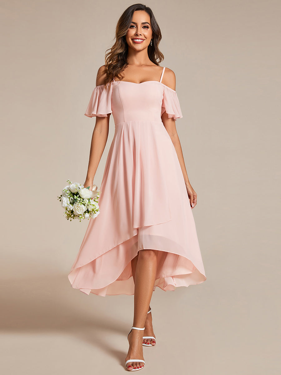 Chiffon Spaghetti Strap Cold Shoulder Tea Length Wedding Guest Dress - CALABRO®