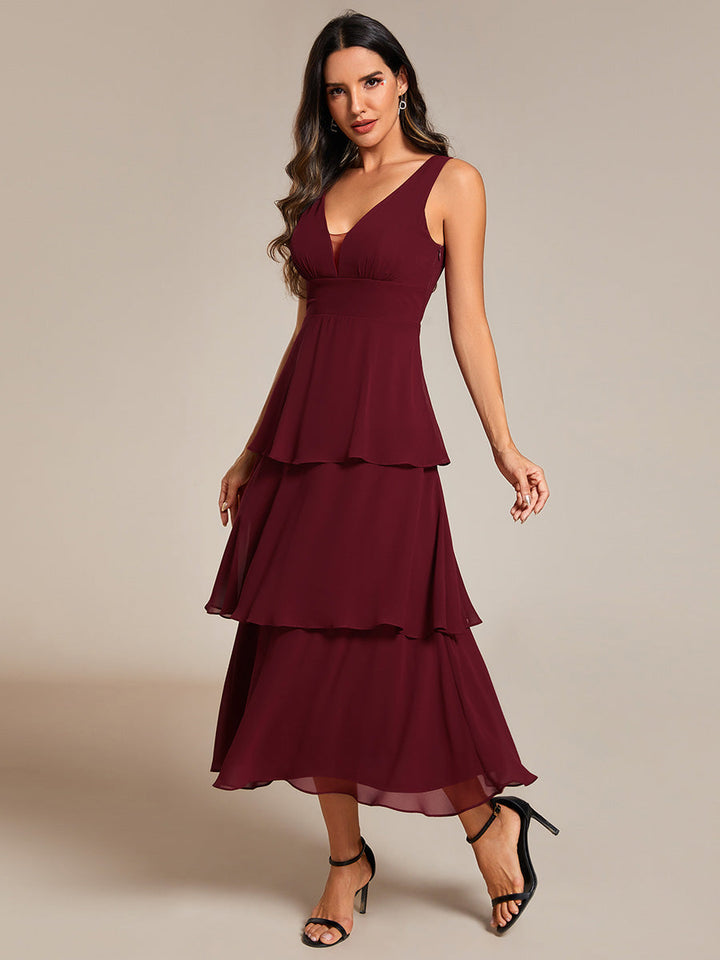 Spaghetti Strap Tiered Ruffle Hem Midi Length Wedding Guest Dress - CALABRO®