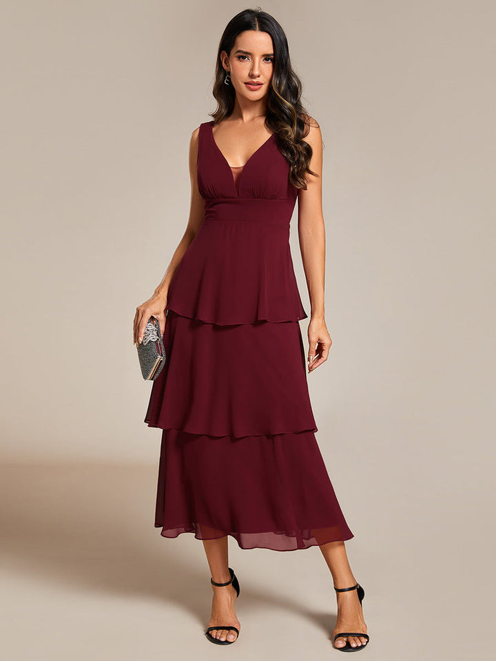 Spaghetti Strap Tiered Ruffle Hem Midi Length Wedding Guest Dress - CALABRO®