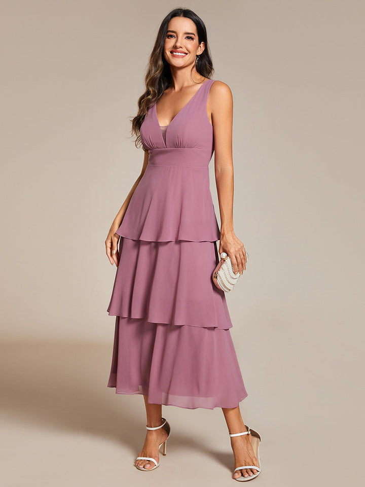 Spaghetti Strap Tiered Ruffle Hem Midi Length Wedding Guest Dress - CALABRO®