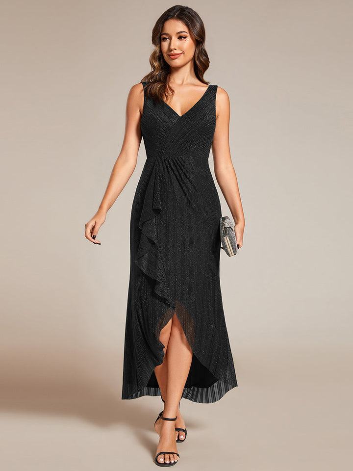 Shimmer V Neck Midi Length Wedding Guest Dress With Spaghetti Straps - CALABRO®