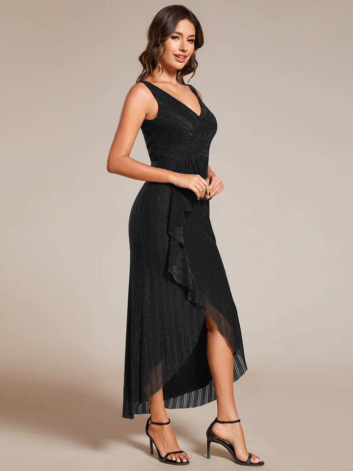 Shimmer V Neck Midi Length Wedding Guest Dress With Spaghetti Straps - CALABRO®