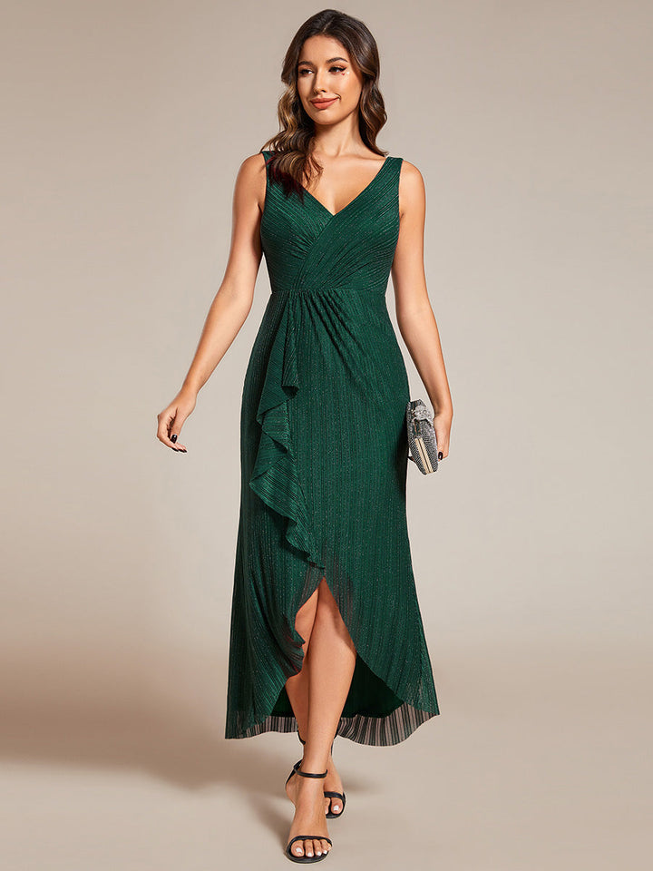 Shimmer V Neck Midi Length Wedding Guest Dress With Spaghetti Straps - CALABRO®