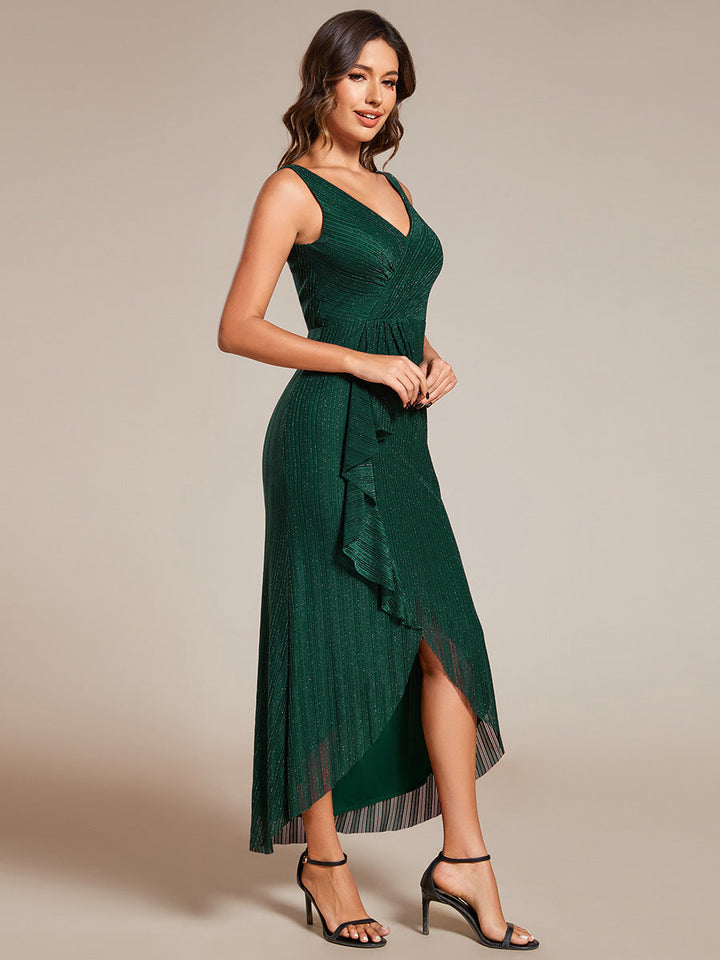 Shimmer V Neck Midi Length Wedding Guest Dress With Spaghetti Straps - CALABRO®