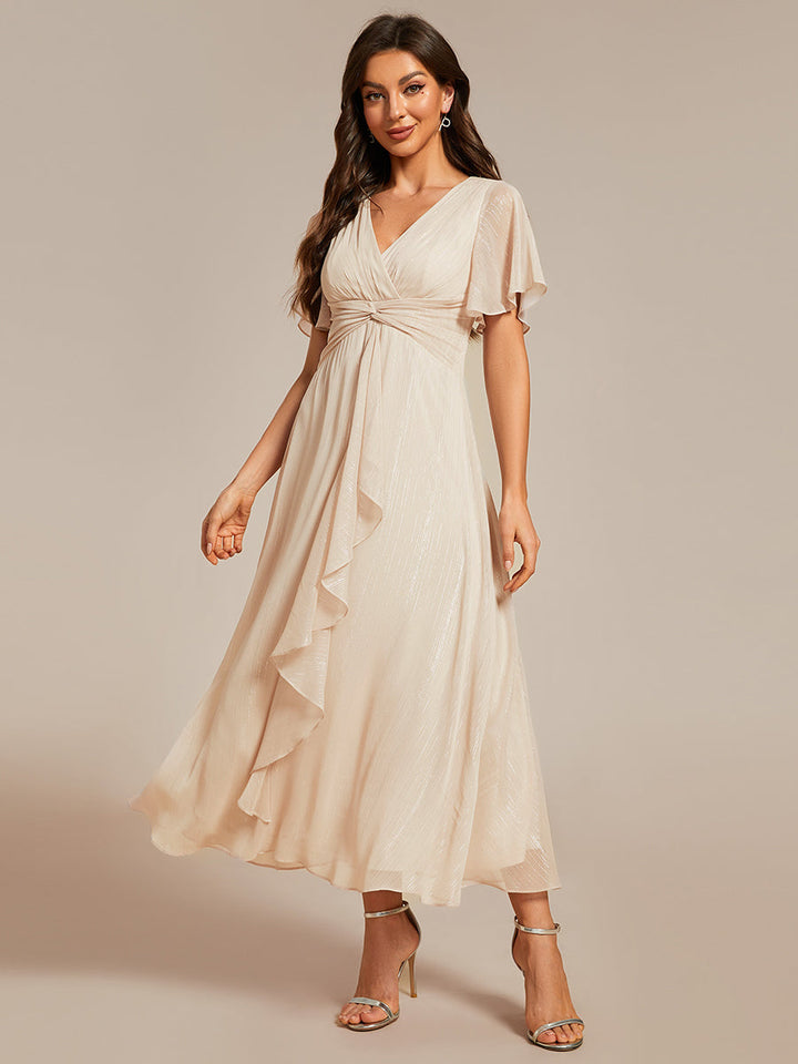 Shimmer V Neck Tea Length Wedding Guest Dress With Short Sleeves - CALABRO®