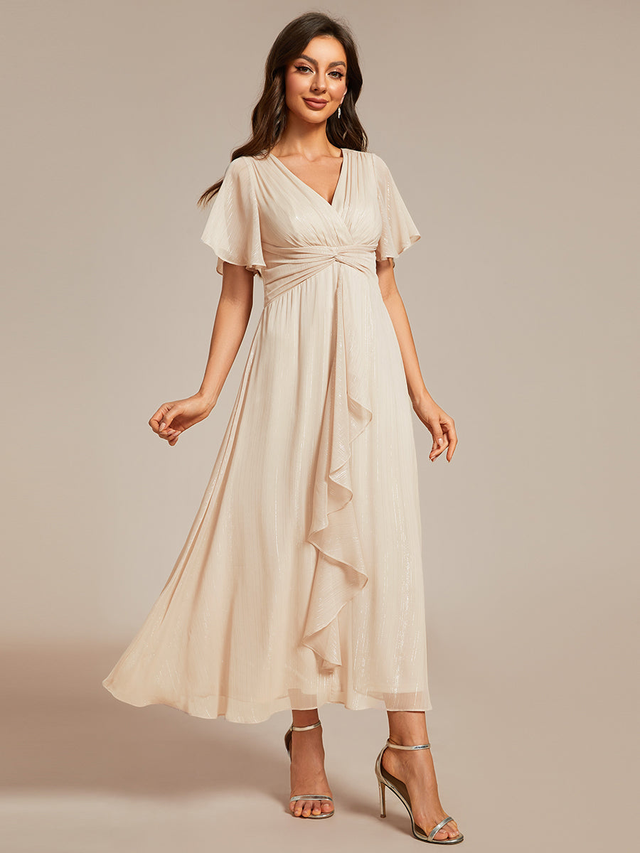 Shimmer V Neck Tea Length Wedding Guest Dress With Short Sleeves - CALABRO®