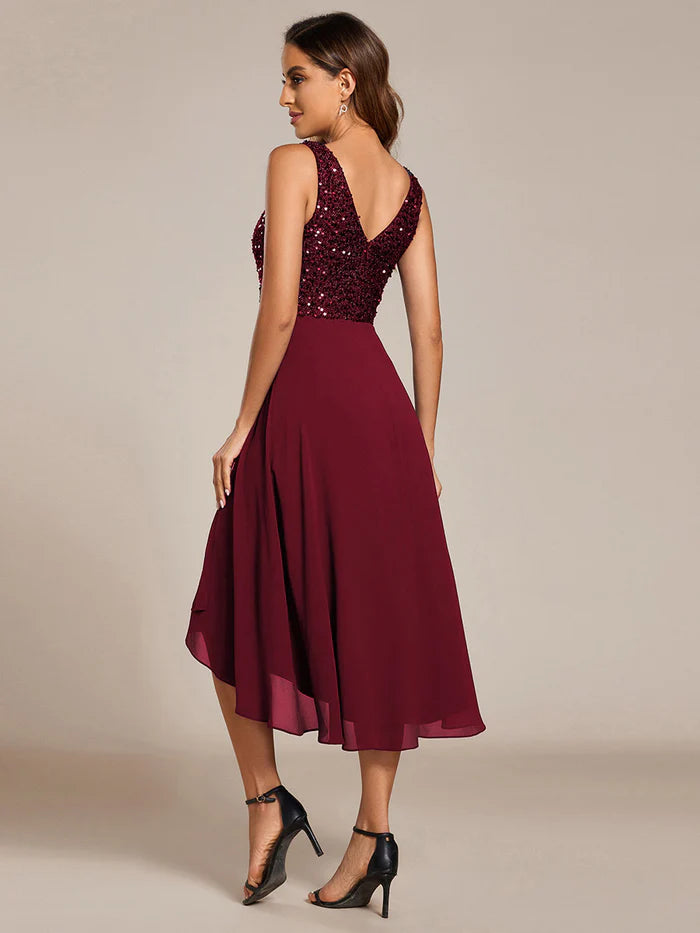 Elegant A-Line Empire Waist Midi Length Chiffon Sequin Dresses Sleeveless Evening Dress - CALABRO®