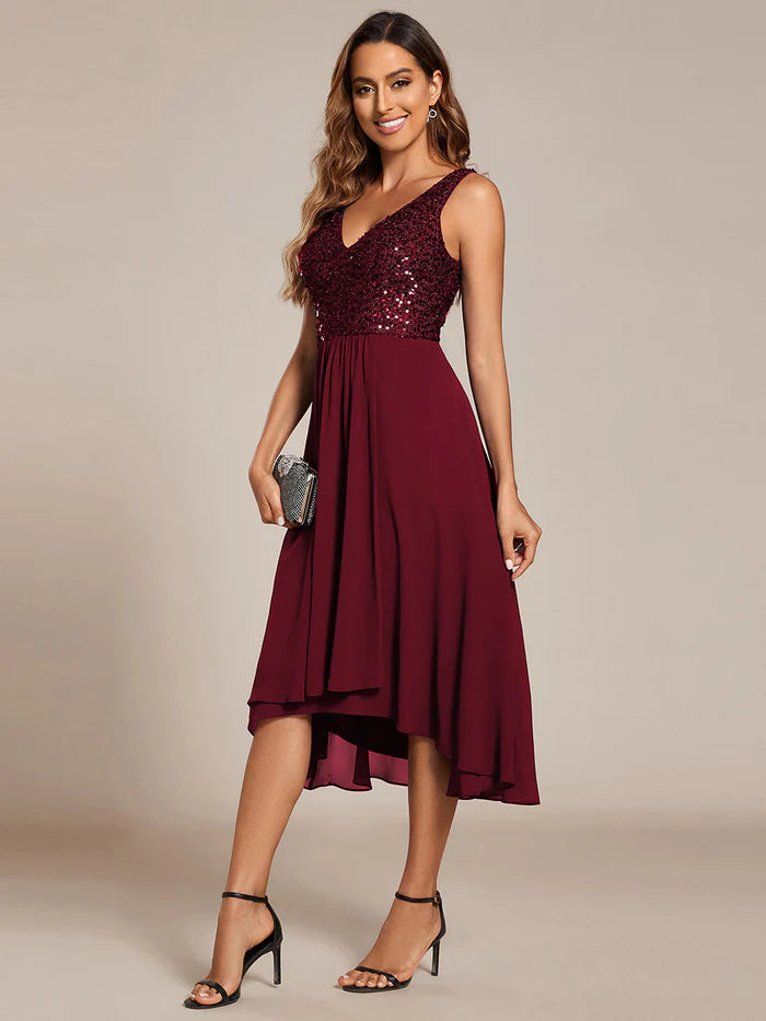 Elegant A-Line Empire Waist Midi Length Chiffon Sequin Dresses Sleeveless Evening Dress - CALABRO®