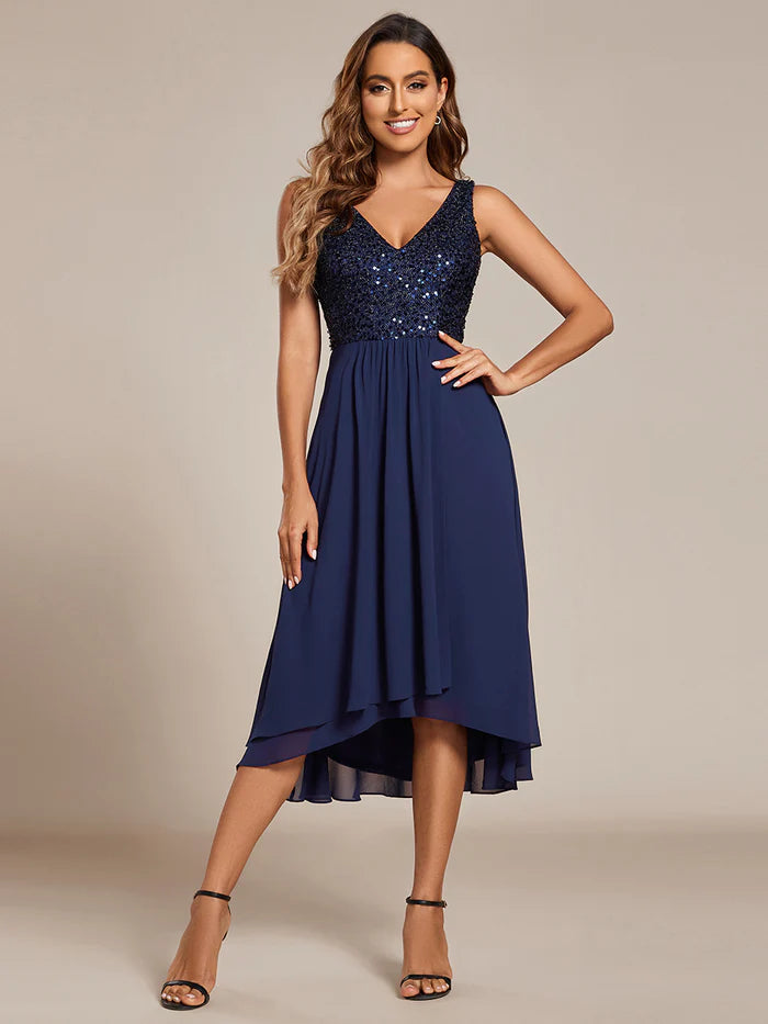 Elegant A-Line Empire Waist Midi Length Chiffon Sequin Dresses Sleeveless Evening Dress - CALABRO®