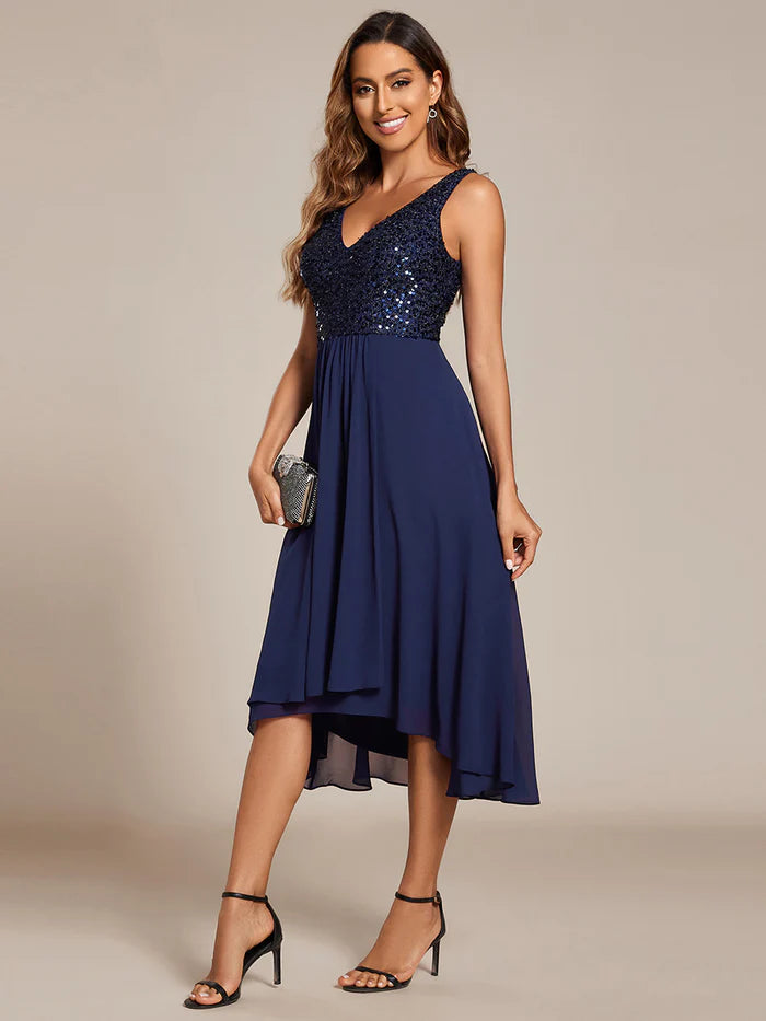 Elegant A-Line Empire Waist Midi Length Chiffon Sequin Dresses Sleeveless Evening Dress - CALABRO®