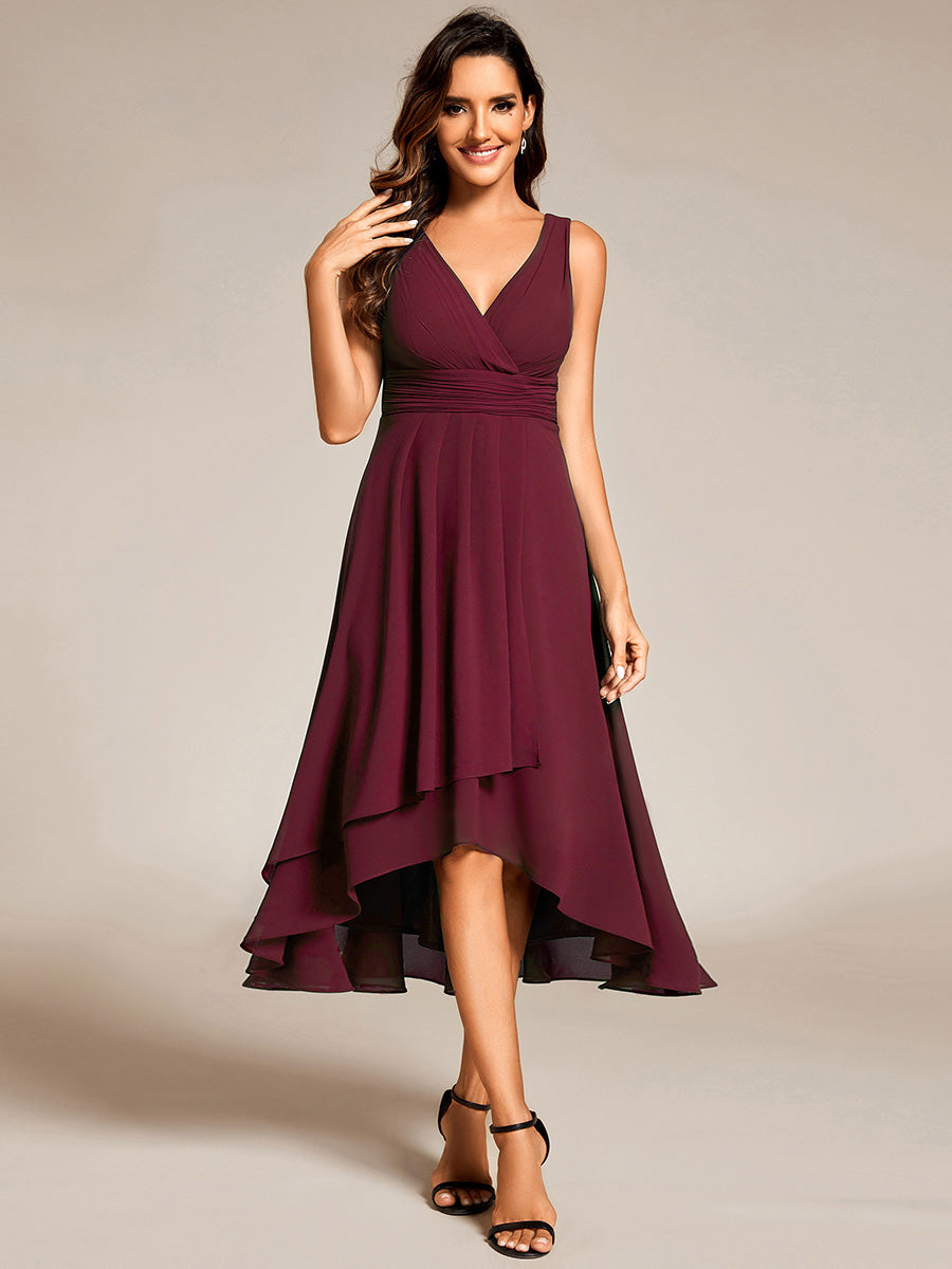 Graceful Asymmetric A-Line Pleated Empire Waist Chiffon Dresses V Neck Strapless Wedding Guest Dress - CALABRO®