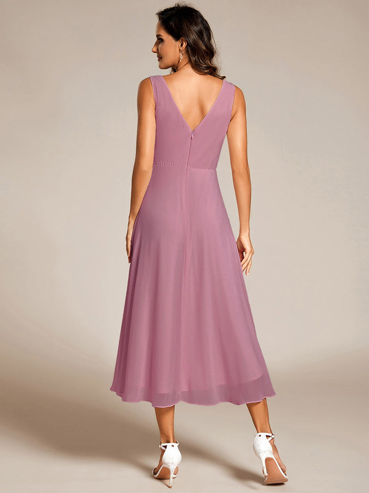 Graceful Asymmetric A-Line Pleated Empire Waist Chiffon Dresses V Neck Strapless Wedding Guest Dress - CALABRO®