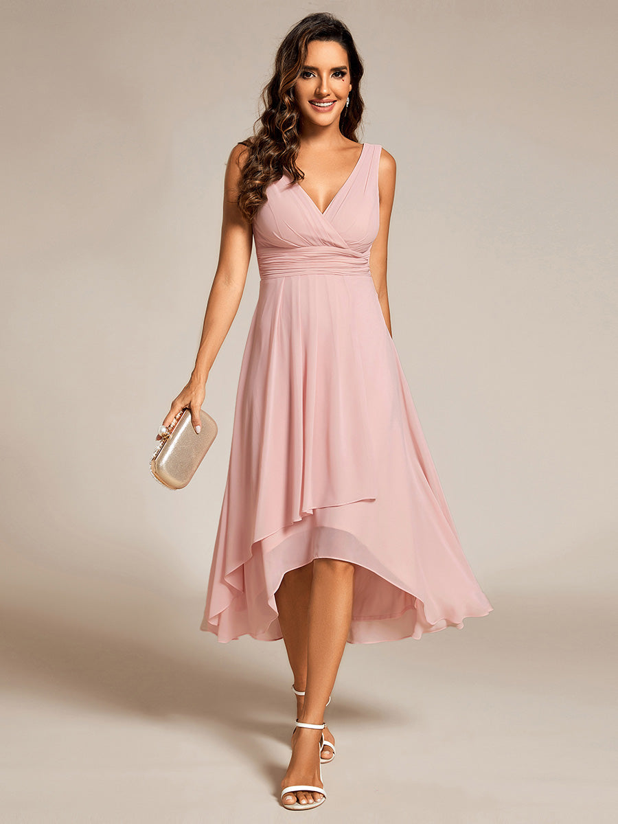 Graceful Asymmetric A-Line Pleated Empire Waist Chiffon Dresses V Neck Strapless Wedding Guest Dress - CALABRO®