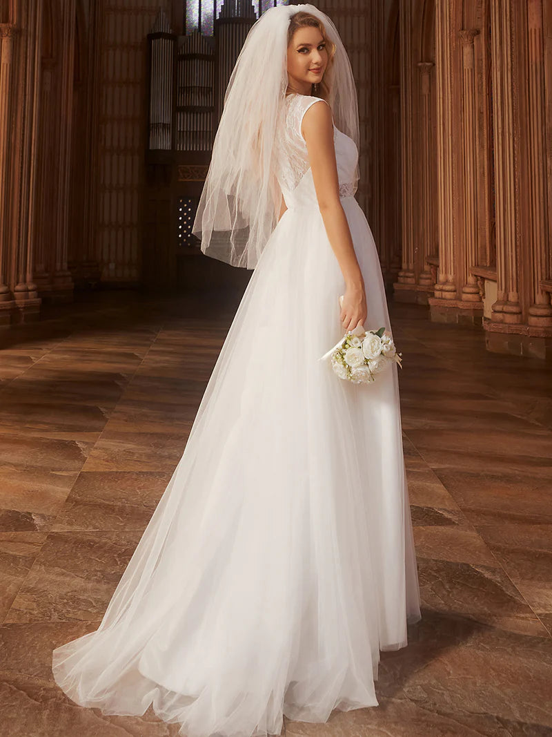 Elegant Hollow Lace Round Neck Wedding Dresses - CALABRO®