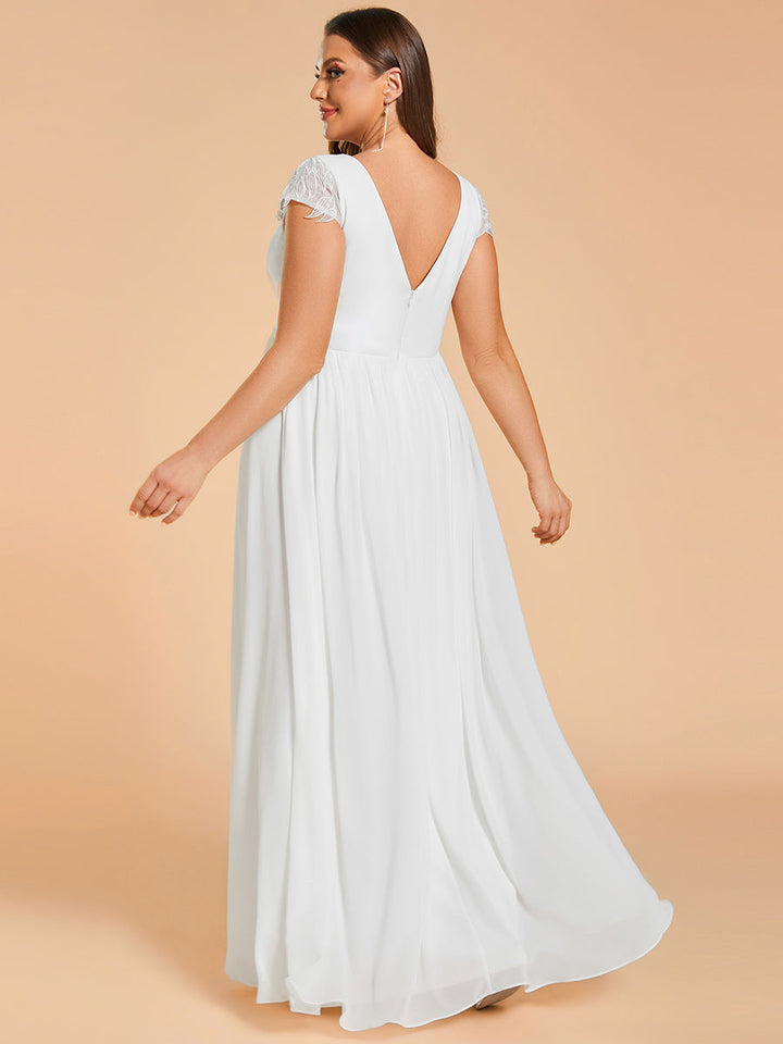 Plus Size Hollow Pleated V-Neck Simple Wedding Dress with Short Sleeves - CALABRO®