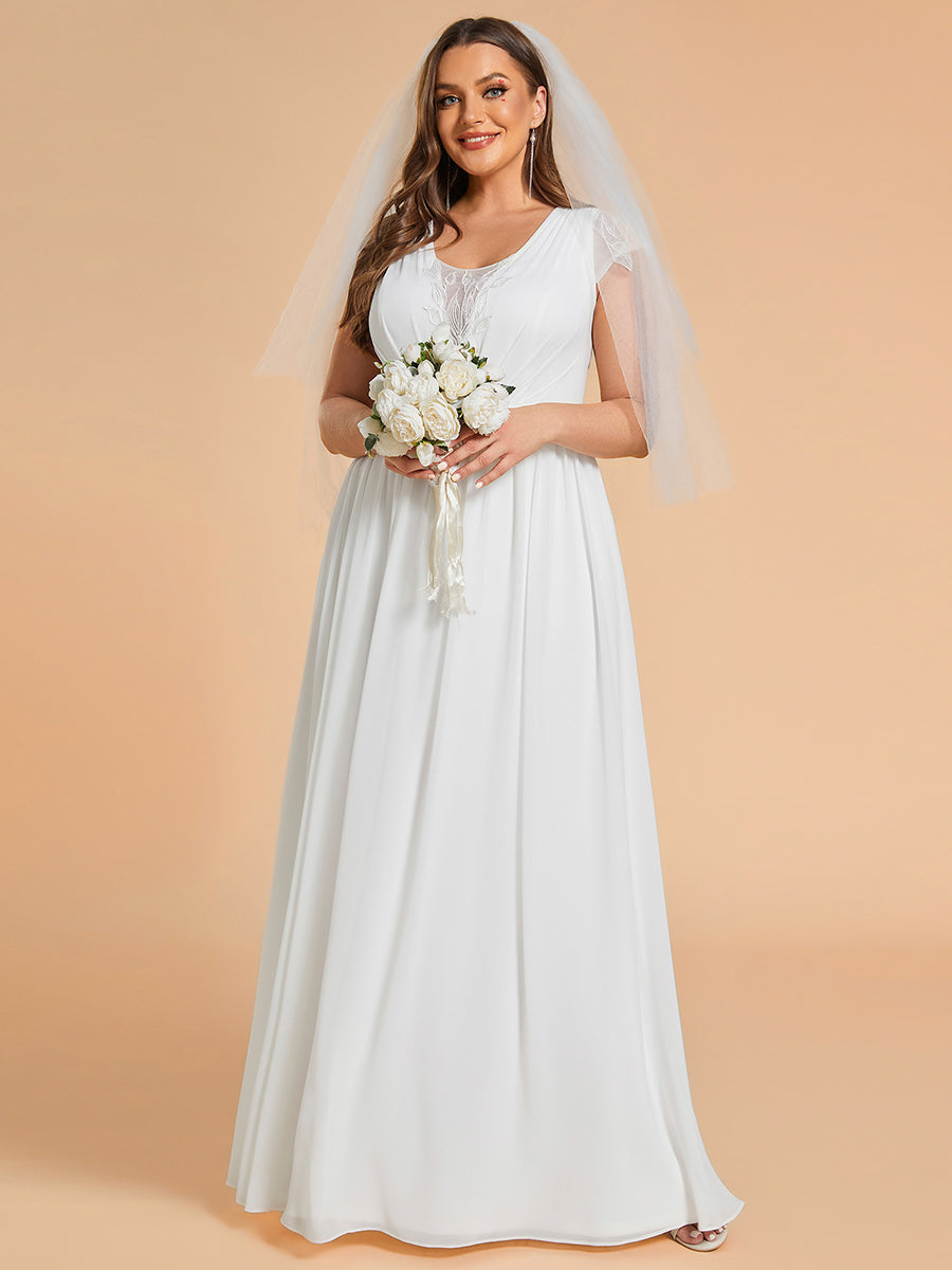 Plus Size Hollow Pleated V-Neck Simple Wedding Dress with Short Sleeves - CALABRO®