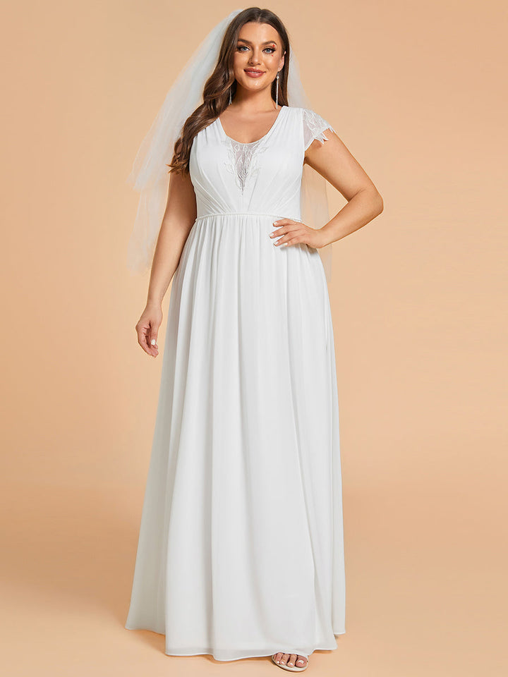 Plus Size Hollow Pleated V-Neck Simple Wedding Dress with Short Sleeves - CALABRO®