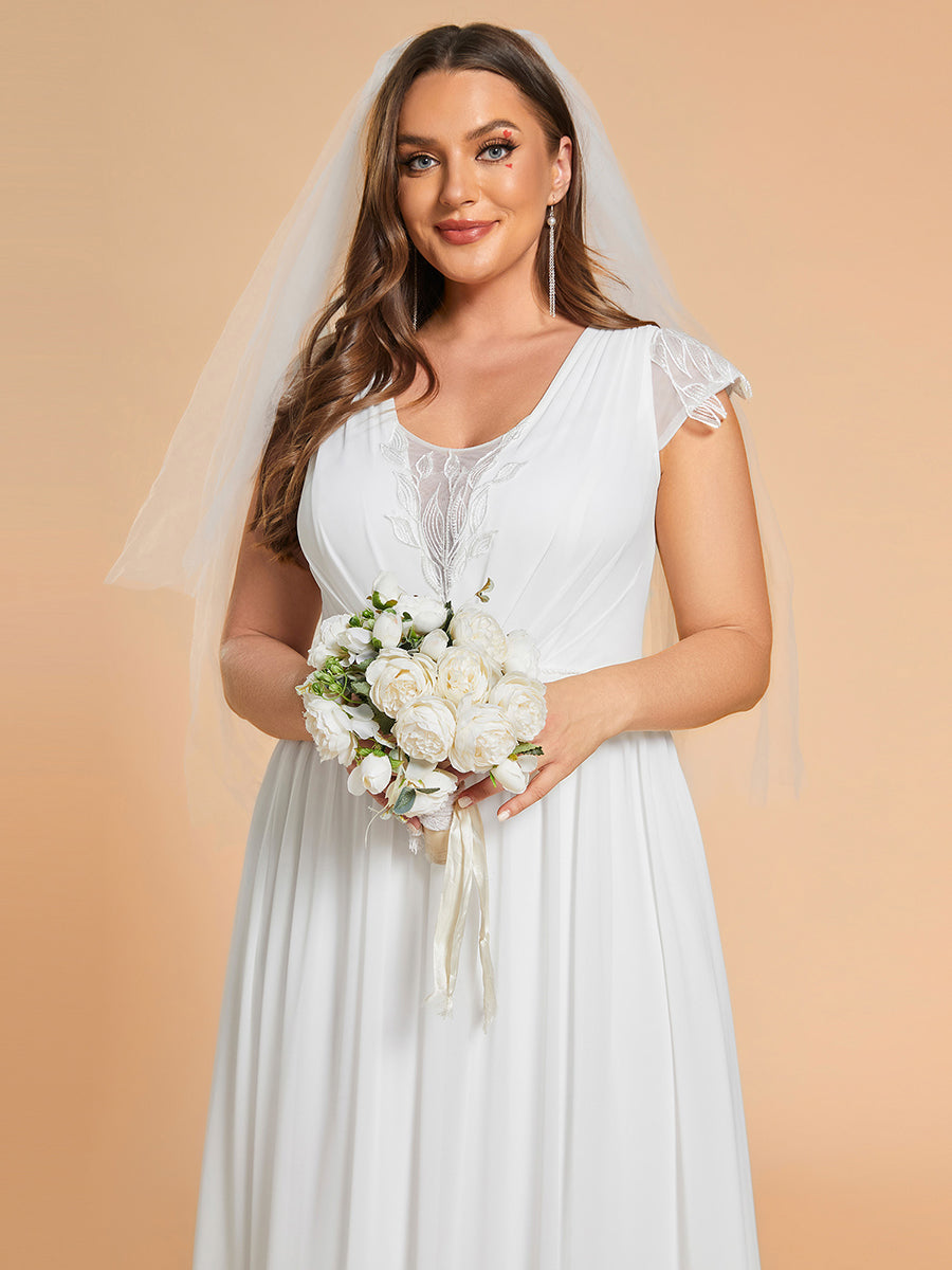 Plus Size Hollow Pleated V-Neck Simple Wedding Dress with Short Sleeves - CALABRO®