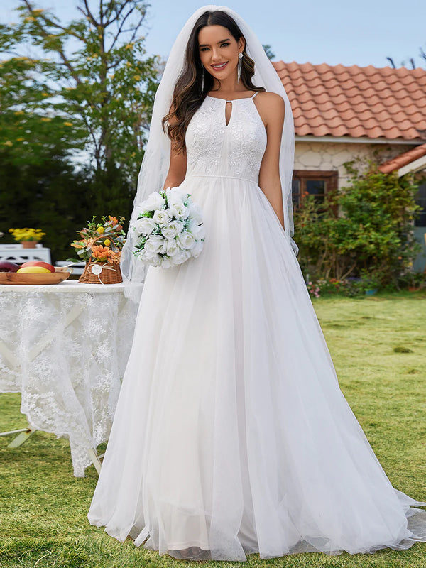 Elegant A-Line Floor Length Keyhole Neck Sleeveless Wedding Dress