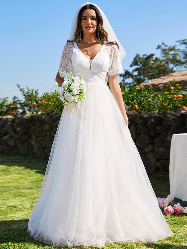 A-line V-Neck Lace Wedding Dresses With Embroidery