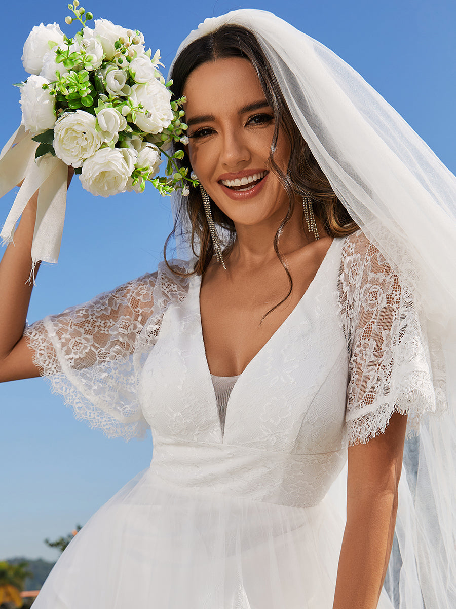 A-line V-Neck Lace Wedding Dresses With Embroidery - CALABRO®