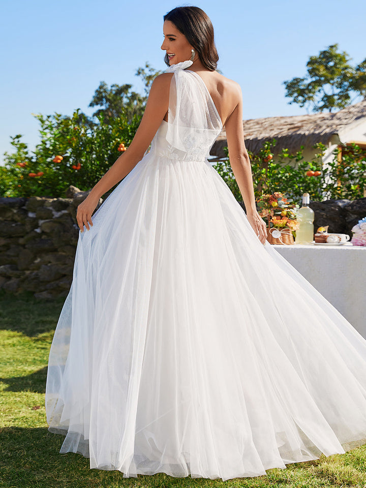 Beaded Asymmetric Bowknot Shoulder Sleveeless Wedding Dress - CALABRO®