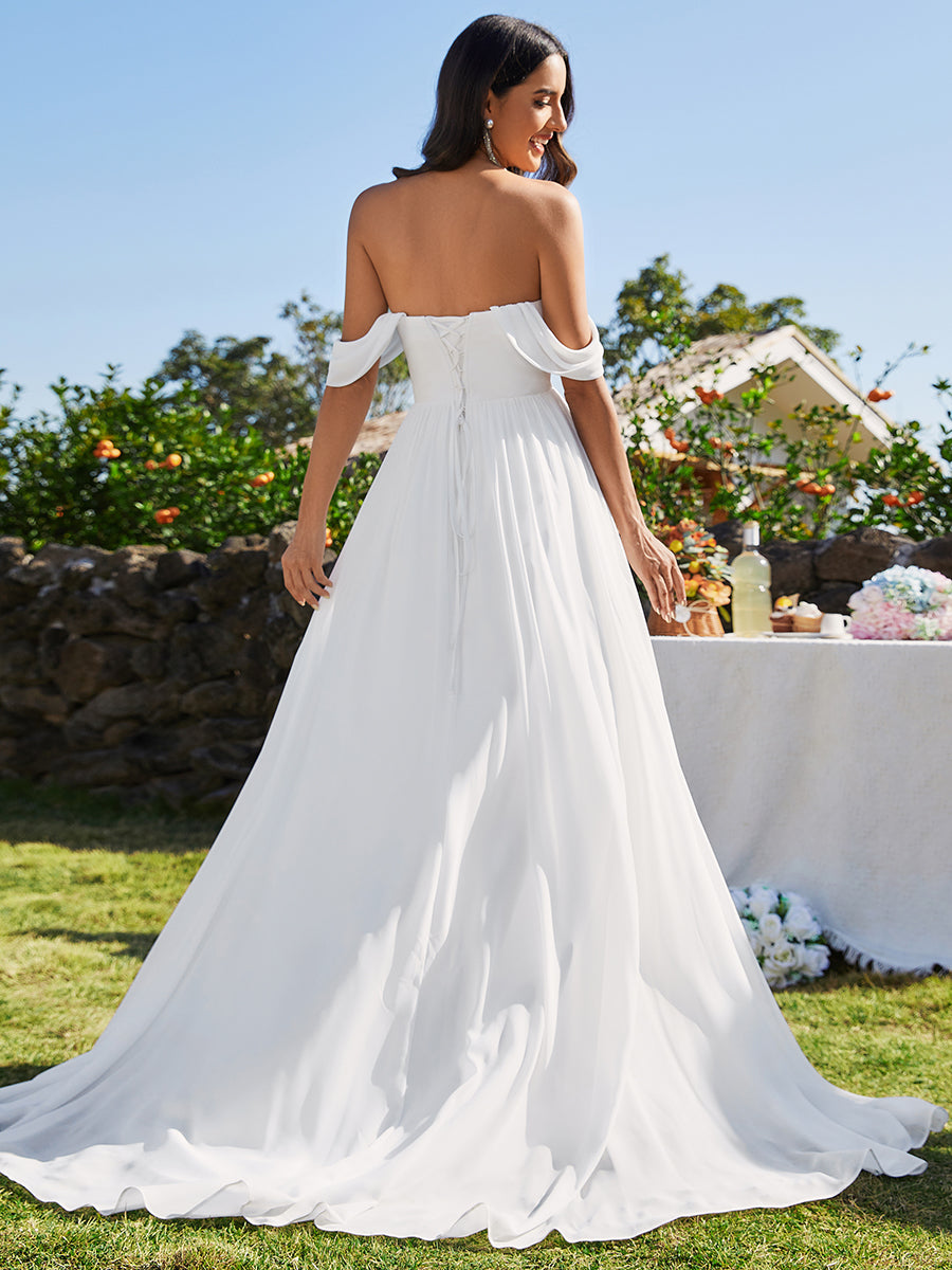 Off Shoulder Chiffon Wedding Dressees With Half Sleeves - CALABRO®