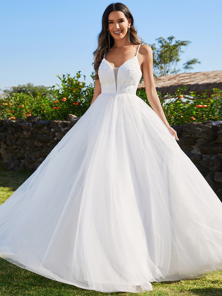 Spaghetti Straps Sleeveless Tulle Pearl Beaded Wedding Dress - CALABRO®