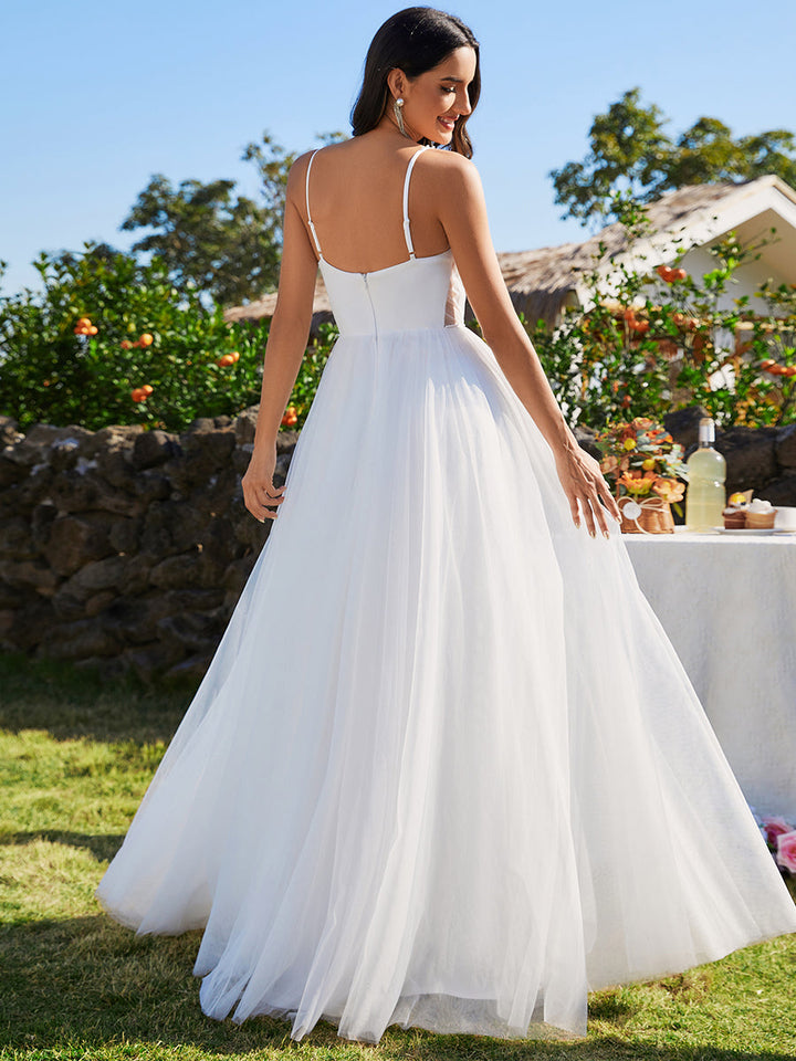 Spaghetti Straps Sleeveless Tulle Pearl Beaded Wedding Dress - CALABRO®