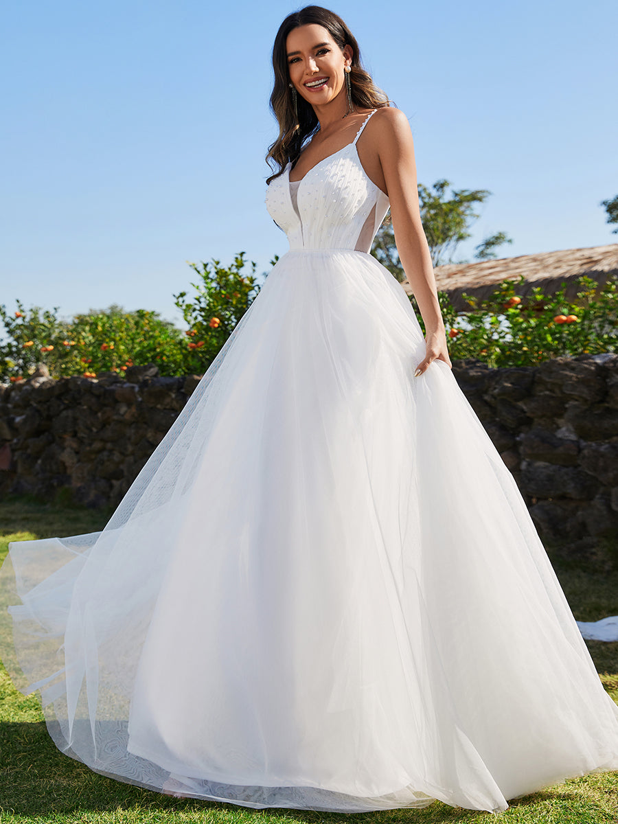 Spaghetti Straps Sleeveless Tulle Pearl Beaded Wedding Dress - CALABRO®