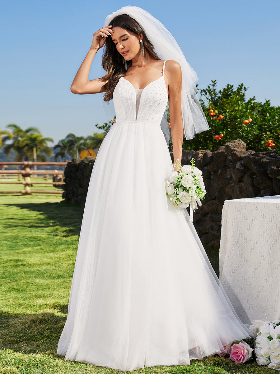 Spaghetti Straps Sleeveless Tulle Pearl Beaded Wedding Dress - CALABRO®