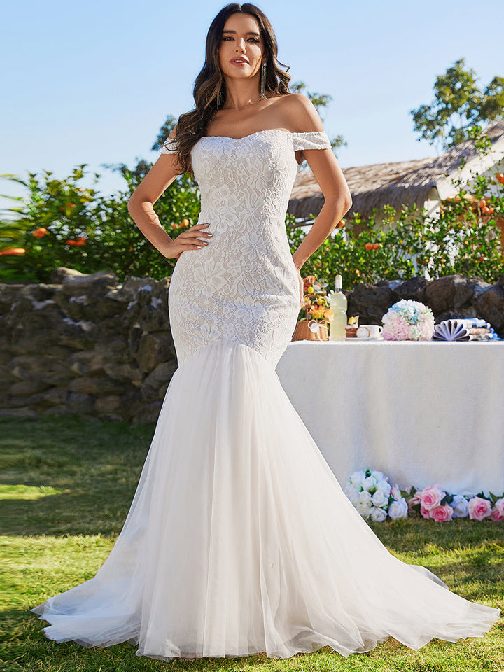 Elegant Fishtail Floor Off Shoulder Sleeveless Wedding Dress - CALABRO®