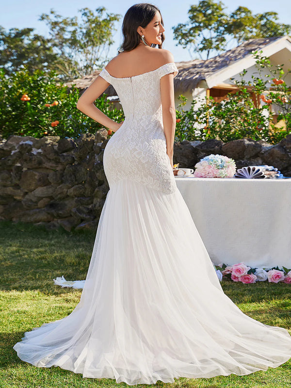 Elegant Fishtail Floor Off Shoulder Sleeveless Wedding Dress